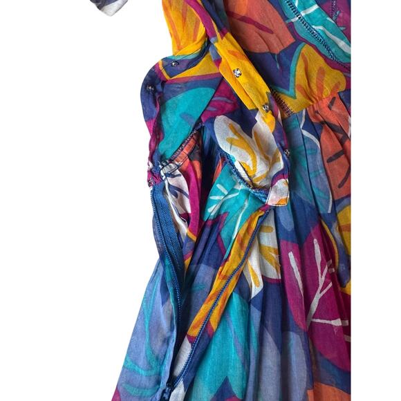 Vintage | Bright Floral V-Neck Sheer Dress | Size Small - Picture 6 of 9